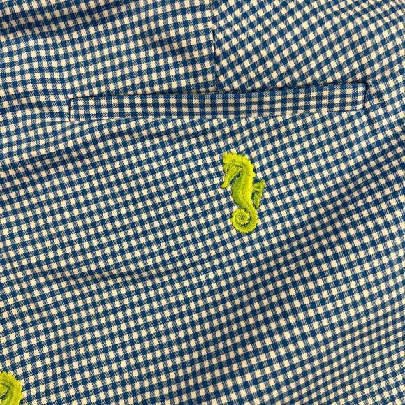 J. Crew Stretch Gingham Trouser Pants Seahorses Blue White Lime Green Size 10 - Picture 8 of 9